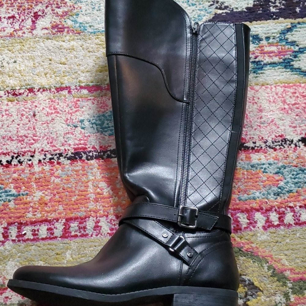 Black cross-stitch knee high riding boots
